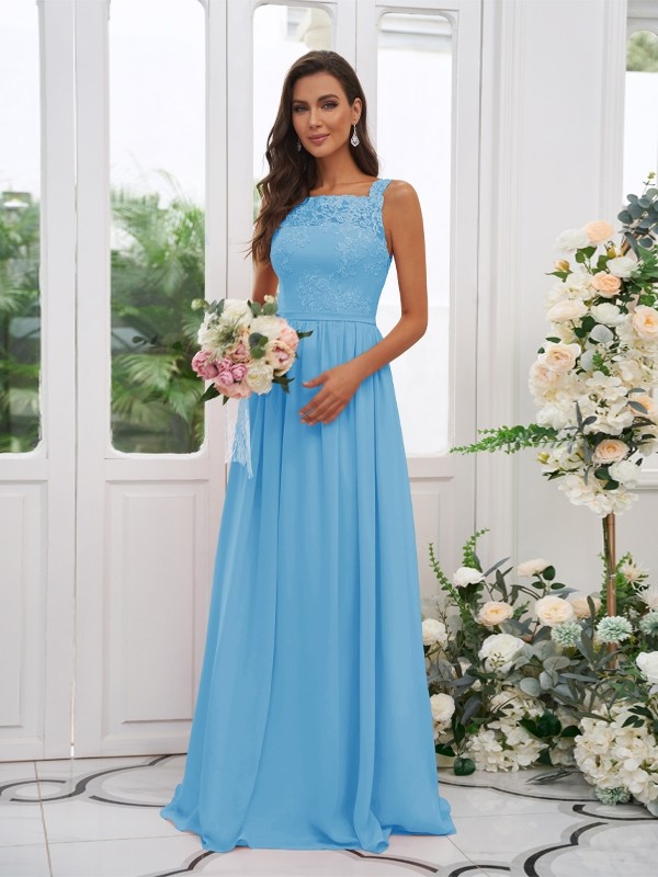 A-Line/Princess Chiffon Applique Square Sleeveless Floor-Length Bridesmaid Dresses 2132