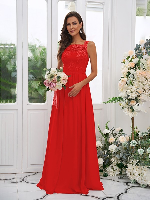 A-Line/Princess Chiffon Applique Square Sleeveless Floor-Length Bridesmaid Dresses 2132