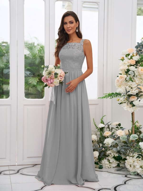 A-Line/Princess Chiffon Applique Square Sleeveless Floor-Length Bridesmaid Dresses 2132