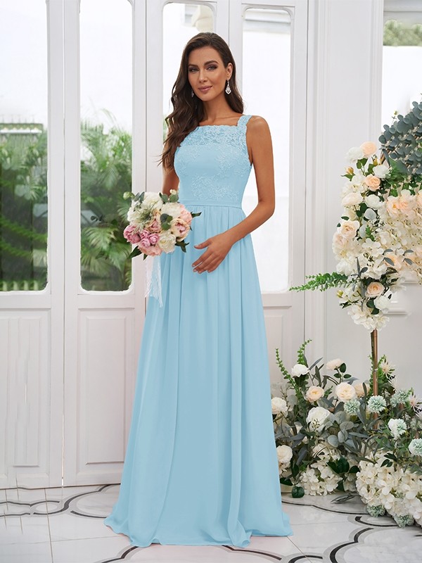 A-Line/Princess Chiffon Applique Square Sleeveless Floor-Length Bridesmaid Dresses 2132