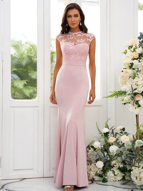 Trumpet/Mermaid Stretch Crepe Applique High Neck Sleeveless Floor-Length Bridesmaid Dresses 3243