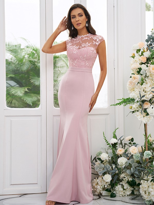 Trumpet/Mermaid Stretch Crepe Applique High Neck Sleeveless Floor-Length Bridesmaid Dresses 3243