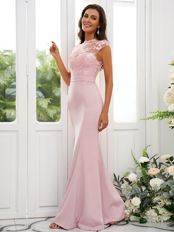 Trumpet/Mermaid Stretch Crepe Applique High Neck Sleeveless Floor-Length Bridesmaid Dresses 3243