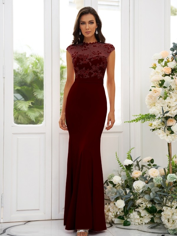 Trumpet/Mermaid Stretch Crepe Applique High Neck Sleeveless Floor-Length Bridesmaid Dresses 3243