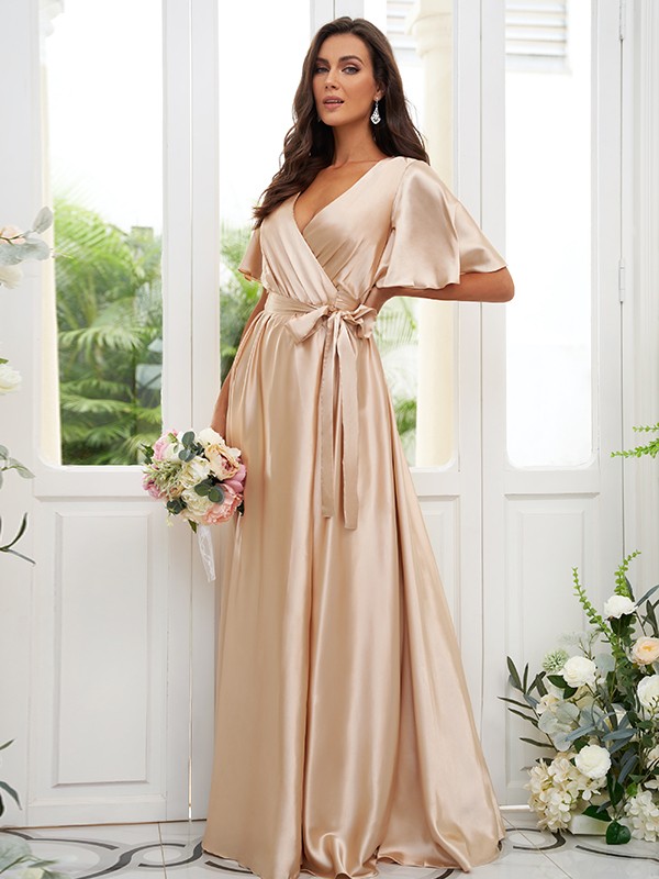 A-Line/Princess Silk like Satin Sash/Ribbon/Belt V-neck Short Sleeves Floor-Length Bridesmaid Dresses 2497