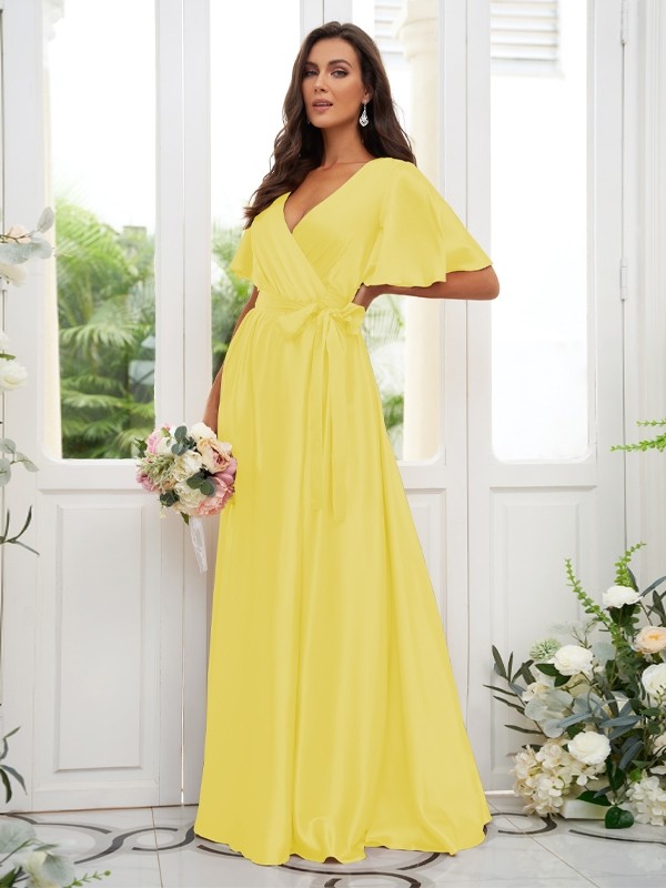 A-Line/Princess Silk like Satin Sash/Ribbon/Belt V-neck Short Sleeves Floor-Length Bridesmaid Dresses 2497