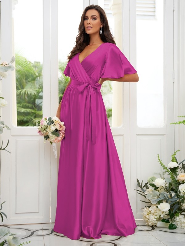 A-Line/Princess Silk like Satin Sash/Ribbon/Belt V-neck Short Sleeves Floor-Length Bridesmaid Dresses 2497