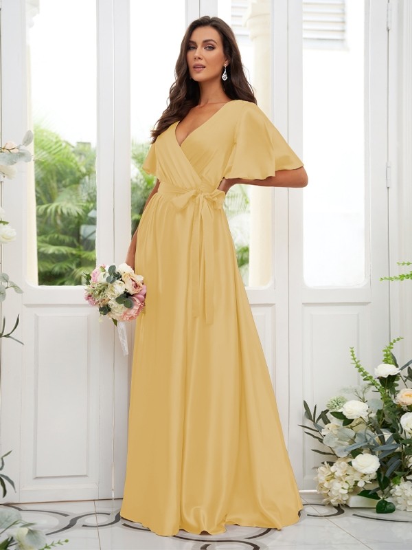 A-Line/Princess Silk like Satin Sash/Ribbon/Belt V-neck Short Sleeves Floor-Length Bridesmaid Dresses 2497