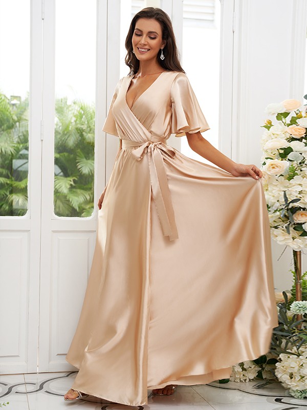 A-Line/Princess Silk like Satin Sash/Ribbon/Belt V-neck Short Sleeves Floor-Length Bridesmaid Dresses 2497