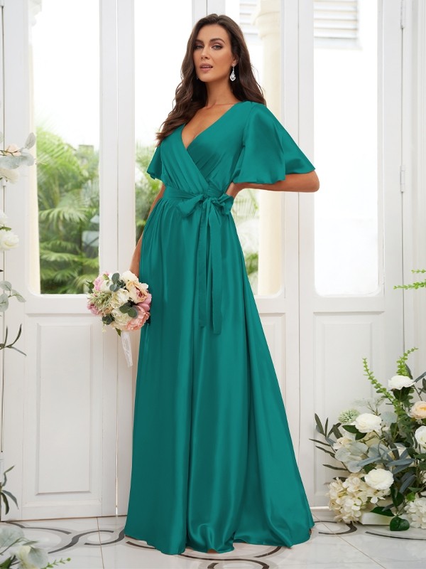 A-Line/Princess Silk like Satin Sash/Ribbon/Belt V-neck Short Sleeves Floor-Length Bridesmaid Dresses 2497