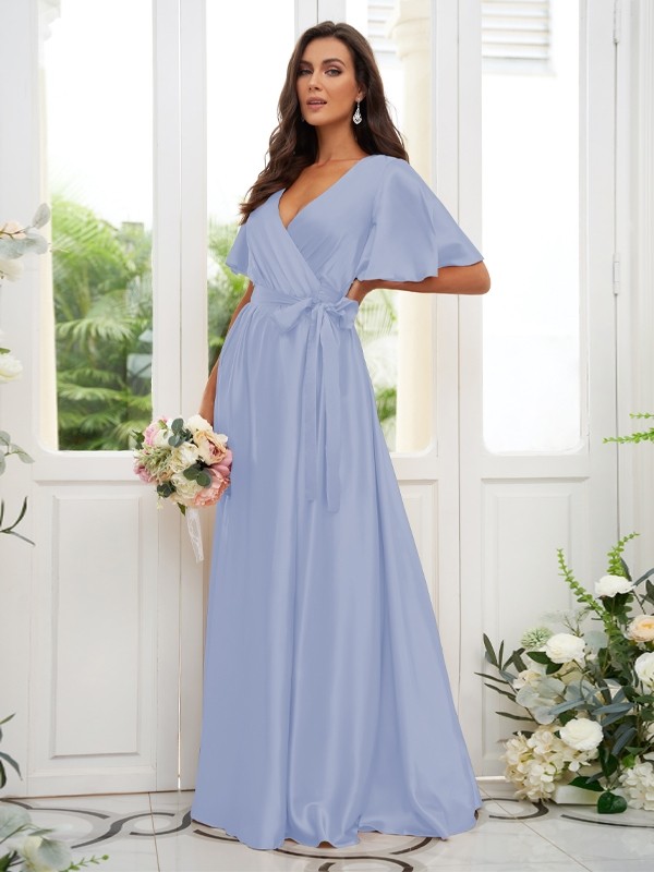 A-Line/Princess Silk like Satin Sash/Ribbon/Belt V-neck Short Sleeves Floor-Length Bridesmaid Dresses 2497