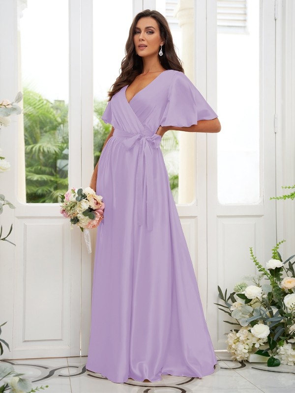 A-Line/Princess Silk like Satin Sash/Ribbon/Belt V-neck Short Sleeves Floor-Length Bridesmaid Dresses 2497