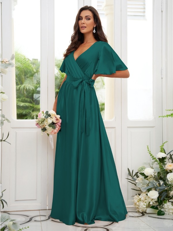 A-Line/Princess Silk like Satin Sash/Ribbon/Belt V-neck Short Sleeves Floor-Length Bridesmaid Dresses 2497