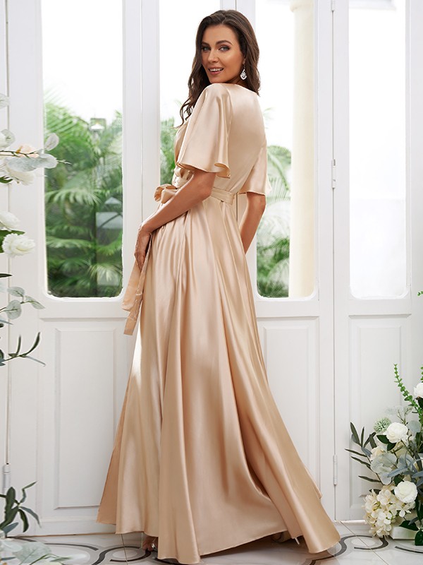 A-Line/Princess Silk like Satin Sash/Ribbon/Belt V-neck Short Sleeves Floor-Length Bridesmaid Dresses 2497