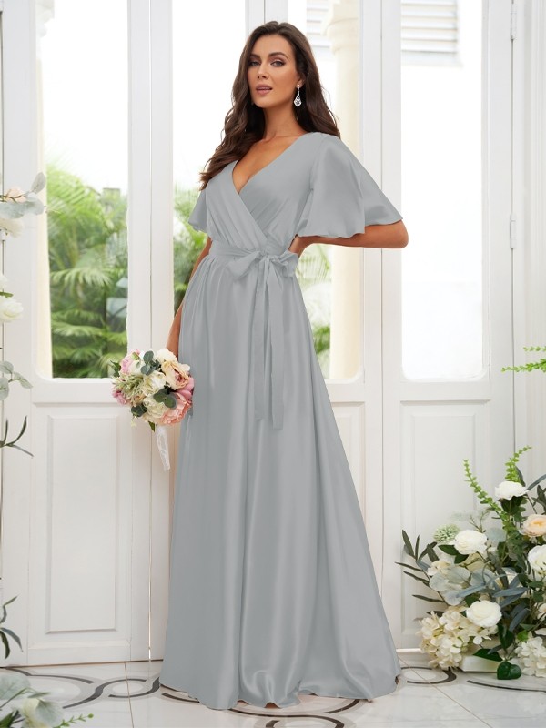 A-Line/Princess Silk like Satin Sash/Ribbon/Belt V-neck Short Sleeves Floor-Length Bridesmaid Dresses 2497