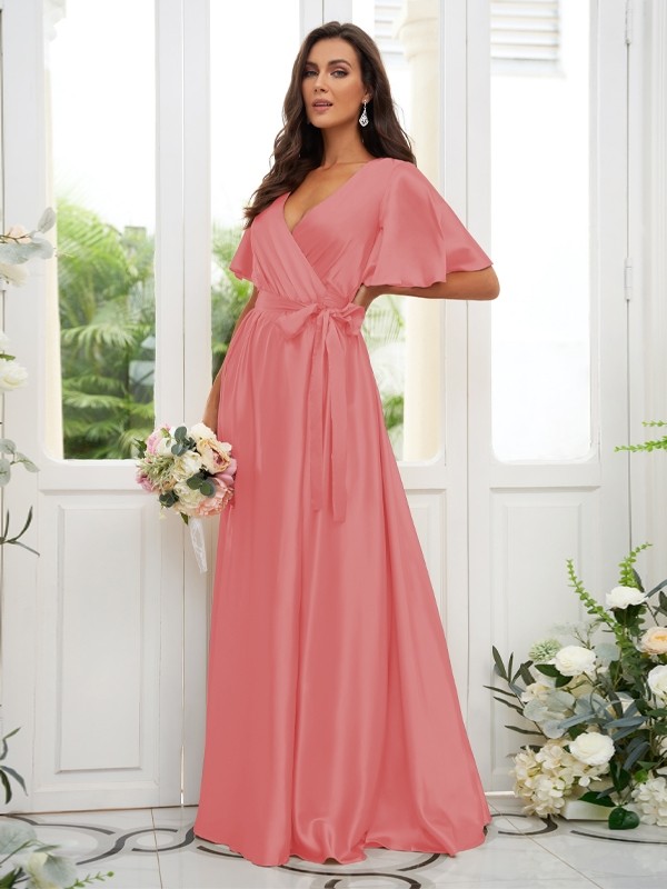 A-Line/Princess Silk like Satin Sash/Ribbon/Belt V-neck Short Sleeves Floor-Length Bridesmaid Dresses 2497