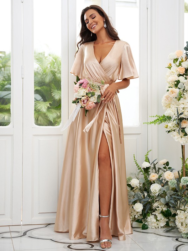 A-Line/Princess Silk like Satin Sash/Ribbon/Belt V-neck Short Sleeves Floor-Length Bridesmaid Dresses 2497