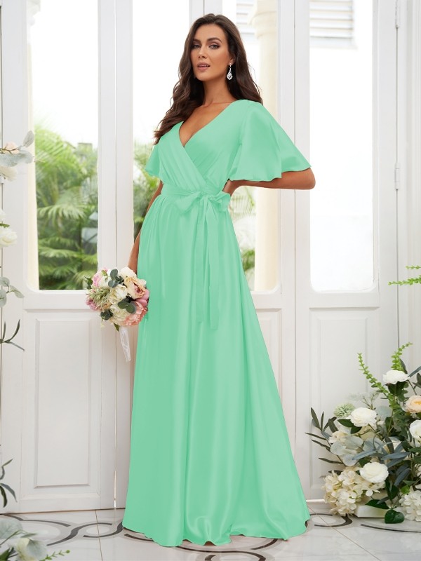 A-Line/Princess Silk like Satin Sash/Ribbon/Belt V-neck Short Sleeves Floor-Length Bridesmaid Dresses 2497