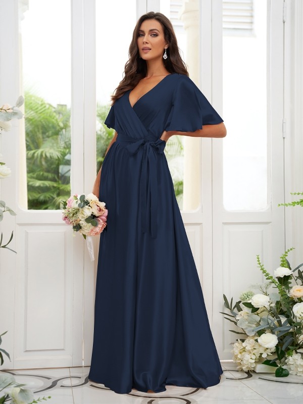 A-Line/Princess Silk like Satin Sash/Ribbon/Belt V-neck Short Sleeves Floor-Length Bridesmaid Dresses 2497