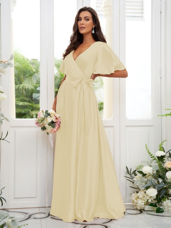 A-Line/Princess Silk like Satin Sash/Ribbon/Belt V-neck Short Sleeves Floor-Length Bridesmaid Dresses 2497