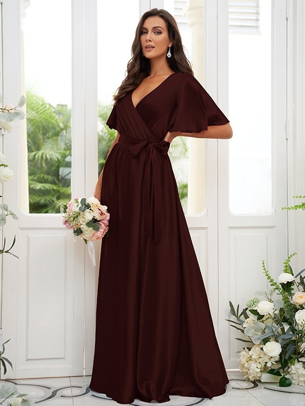 A-Line/Princess Silk like Satin Sash/Ribbon/Belt V-neck Short Sleeves Floor-Length Bridesmaid Dresses 2497