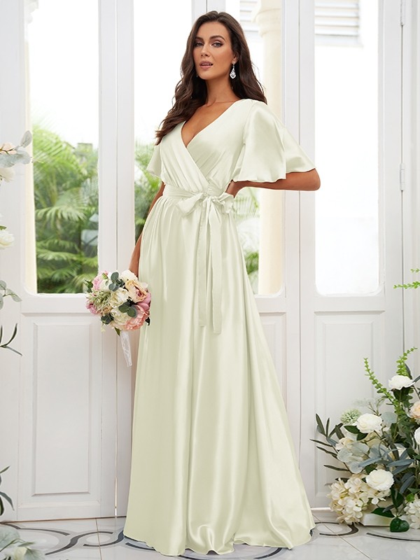 A-Line/Princess Silk like Satin Sash/Ribbon/Belt V-neck Short Sleeves Floor-Length Bridesmaid Dresses 2497