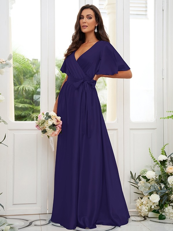 A-Line/Princess Silk like Satin Sash/Ribbon/Belt V-neck Short Sleeves Floor-Length Bridesmaid Dresses 2497