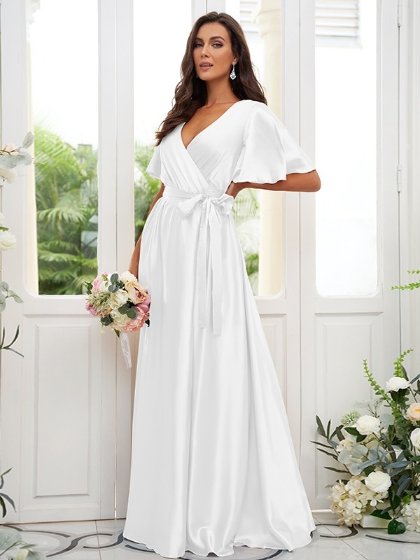 A-Line/Princess Silk like Satin Sash/Ribbon/Belt V-neck Short Sleeves Floor-Length Bridesmaid Dresses 2497