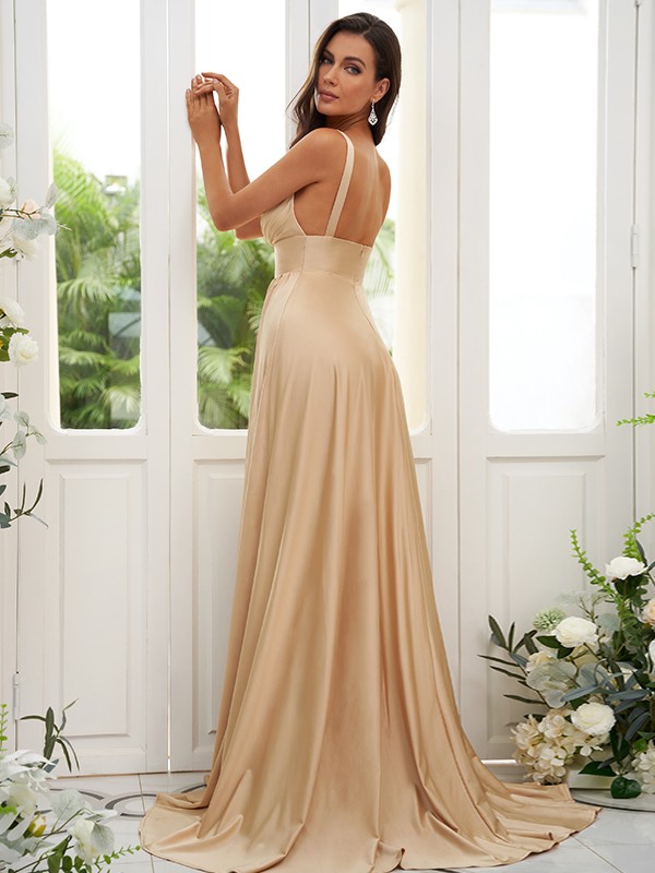 A-Line/Princess Jersey Ruffles V-neck Sleeveless Sweep/Brush Train Bridesmaid Dresses 2332