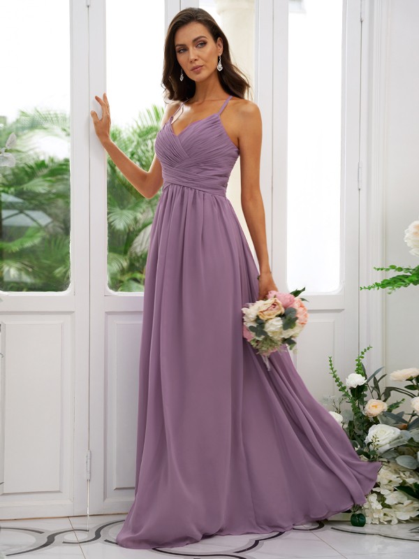 A-Line/Princess Chiffon Ruched V-neck Sleeveless Floor-Length Bridesmaid Dresses 2177