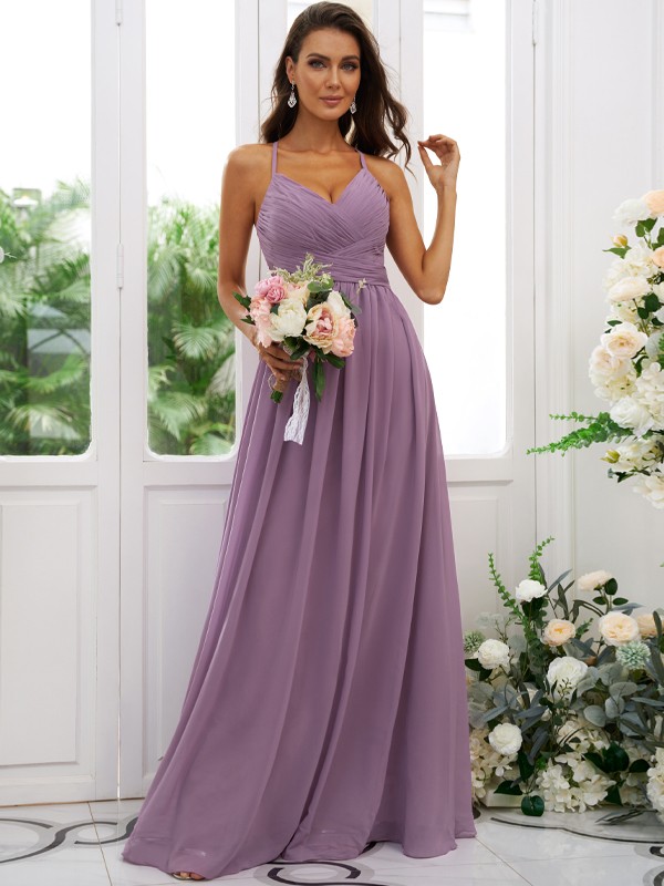 A-Line/Princess Chiffon Ruched V-neck Sleeveless Floor-Length Bridesmaid Dresses 2177