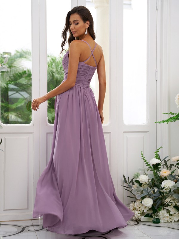 A-Line/Princess Chiffon Ruched V-neck Sleeveless Floor-Length Bridesmaid Dresses 2177