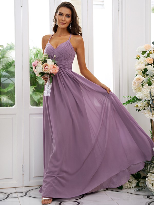 A-Line/Princess Chiffon Ruched V-neck Sleeveless Floor-Length Bridesmaid Dresses 2177