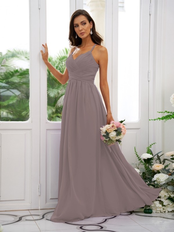 A-Line/Princess Chiffon Ruched V-neck Sleeveless Floor-Length Bridesmaid Dresses 2177