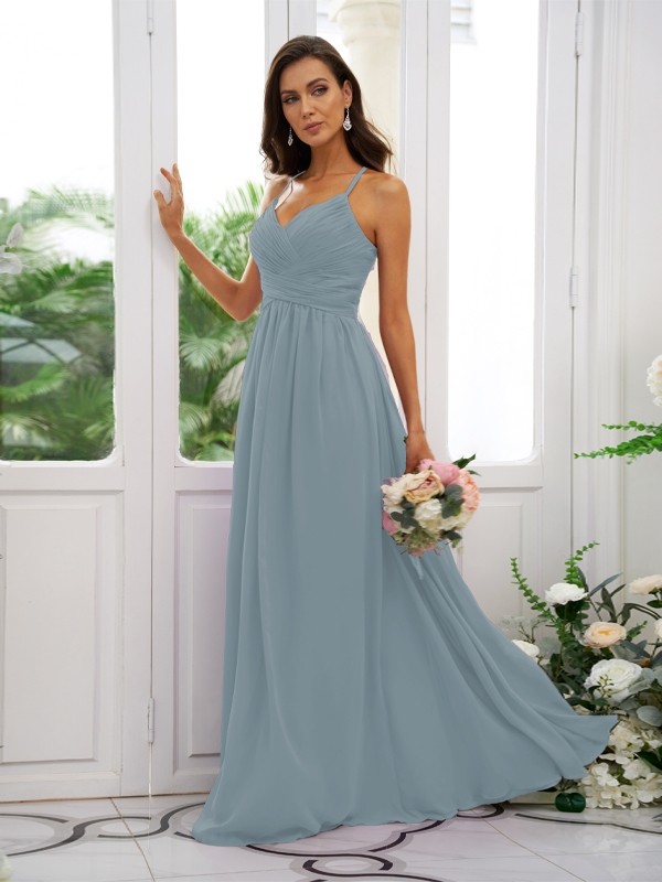 A-Line/Princess Chiffon Ruched V-neck Sleeveless Floor-Length Bridesmaid Dresses 2177