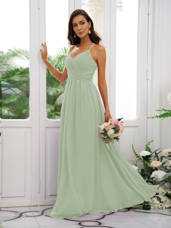 A-Line/Princess Chiffon Ruched V-neck Sleeveless Floor-Length Bridesmaid Dresses 2177