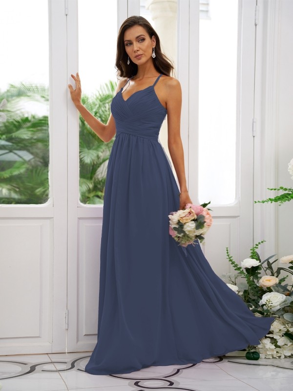 A-Line/Princess Chiffon Ruched V-neck Sleeveless Floor-Length Bridesmaid Dresses 2177