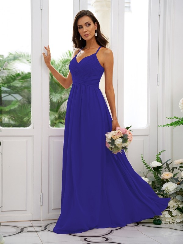 A-Line/Princess Chiffon Ruched V-neck Sleeveless Floor-Length Bridesmaid Dresses 2177