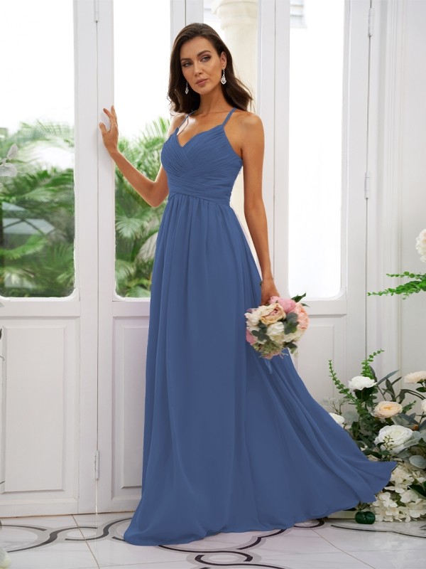 A-Line/Princess Chiffon Ruched V-neck Sleeveless Floor-Length Bridesmaid Dresses 2177