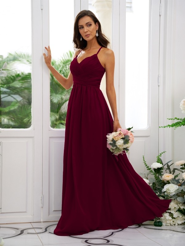 A-Line/Princess Chiffon Ruched V-neck Sleeveless Floor-Length Bridesmaid Dresses 2177