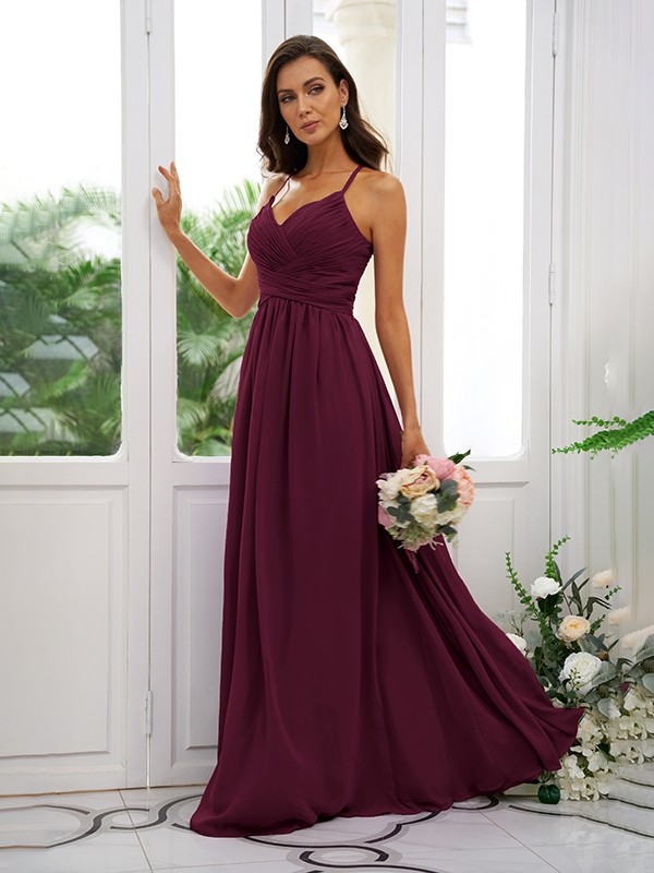 A-Line/Princess Chiffon Ruched V-neck Sleeveless Floor-Length Bridesmaid Dresses 2177