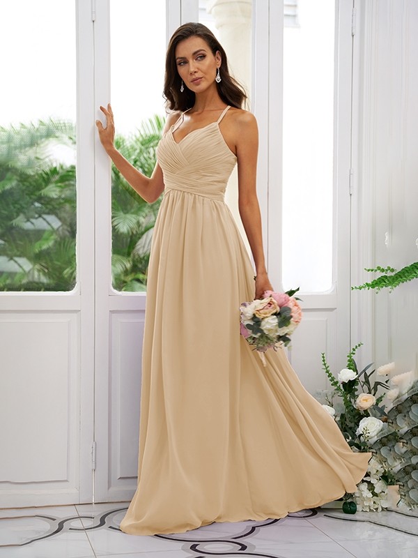 A-Line/Princess Chiffon Ruched V-neck Sleeveless Floor-Length Bridesmaid Dresses 2177