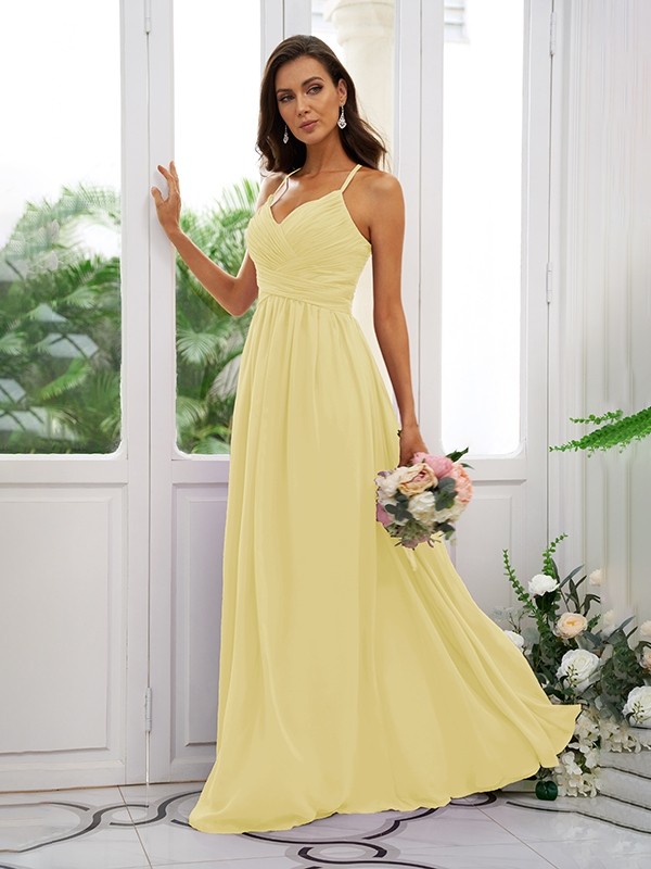 A-Line/Princess Chiffon Ruched V-neck Sleeveless Floor-Length Bridesmaid Dresses 2177