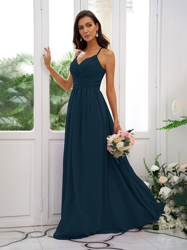 A-Line/Princess Chiffon Ruched V-neck Sleeveless Floor-Length Bridesmaid Dresses 2177