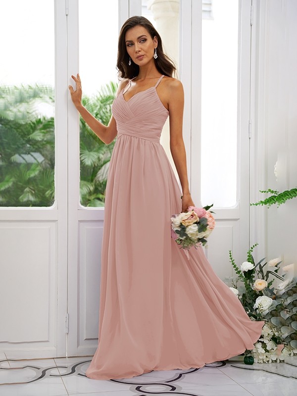 A-Line/Princess Chiffon Ruched V-neck Sleeveless Floor-Length Bridesmaid Dresses 2177