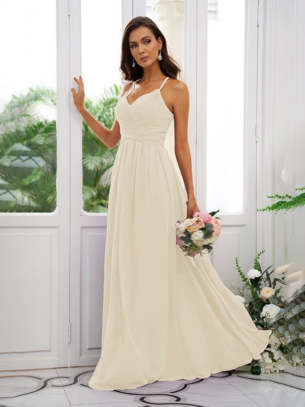 A-Line/Princess Chiffon Ruched V-neck Sleeveless Floor-Length Bridesmaid Dresses 2177