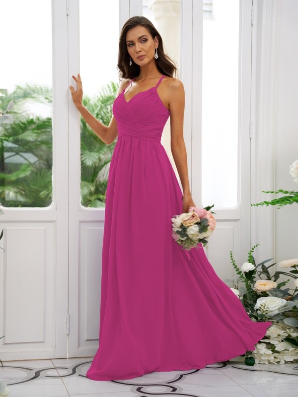 A-Line/Princess Chiffon Ruched V-neck Sleeveless Floor-Length Bridesmaid Dresses 2177