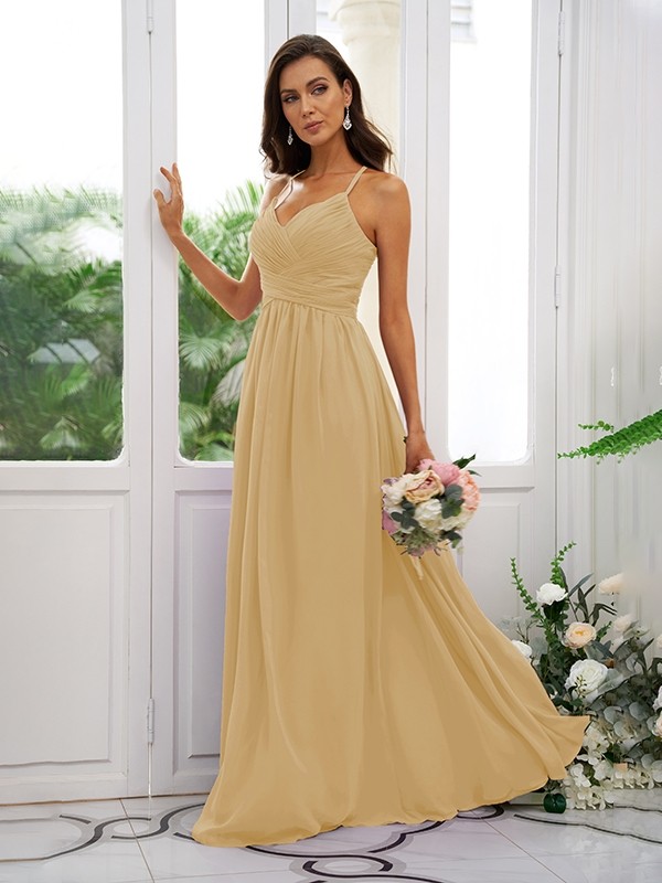 A-Line/Princess Chiffon Ruched V-neck Sleeveless Floor-Length Bridesmaid Dresses 2177