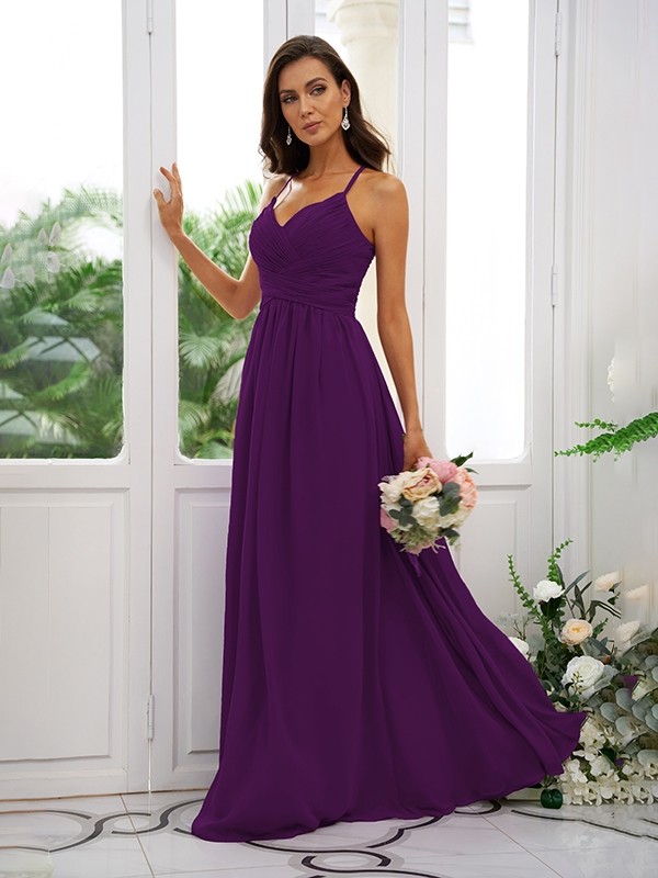 A-Line/Princess Chiffon Ruched V-neck Sleeveless Floor-Length Bridesmaid Dresses 2177