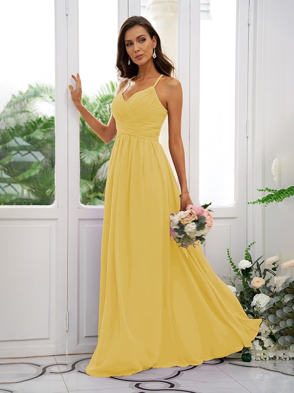 A-Line/Princess Chiffon Ruched V-neck Sleeveless Floor-Length Bridesmaid Dresses 2177